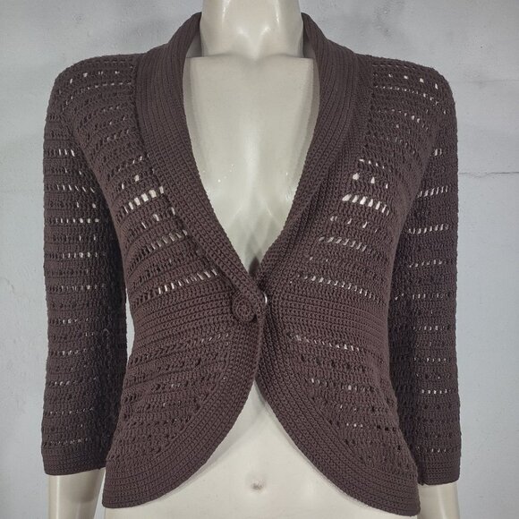 White + Warren brown 100% cotton single snap button crochet cardigan ladies XS - Picture 1 of 7